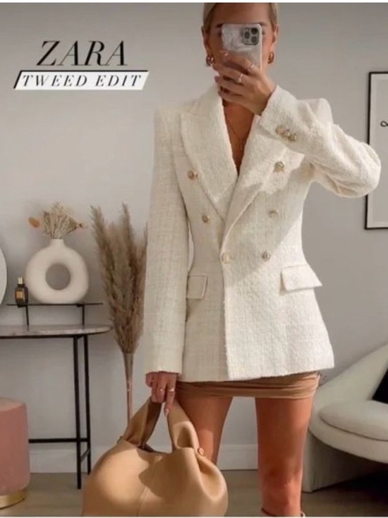 Zara Cream Double-Breasted Tweed Blazer with Gold Buttons